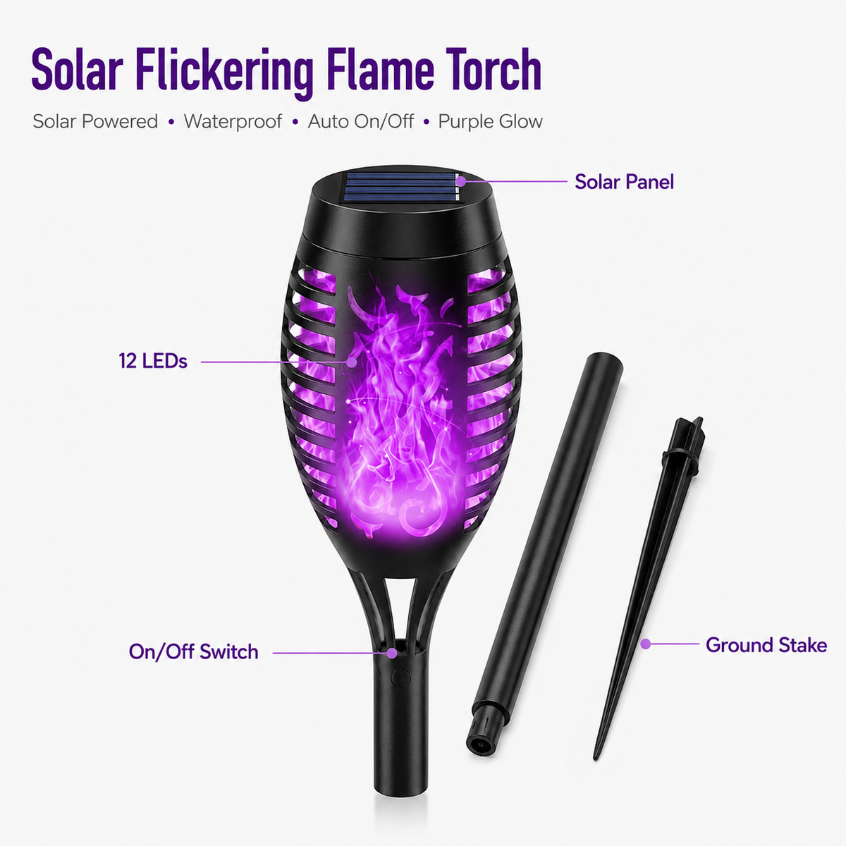 6-Pack Solar Halloween Torch Lights:Purple Flickering Flame, Waterproof Yard Pathway Patio Decor