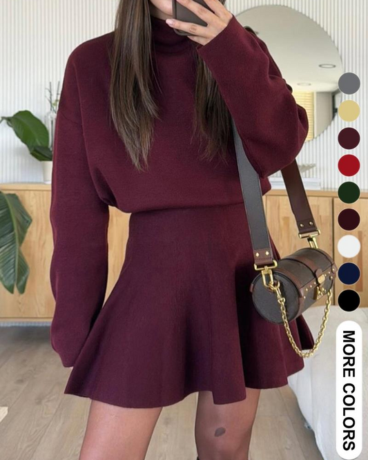 Women's semi-collared long-sleeved knitted loose-fitting one-piece sweater dress