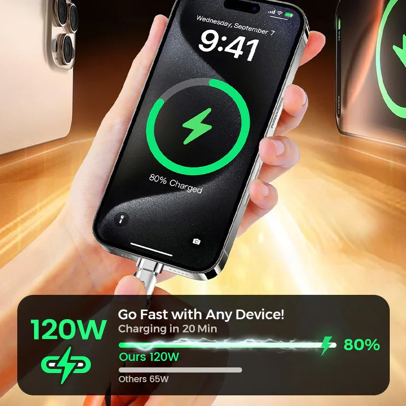 120W 3 in 1 Rotating Elbow Fast Charging Data Cable