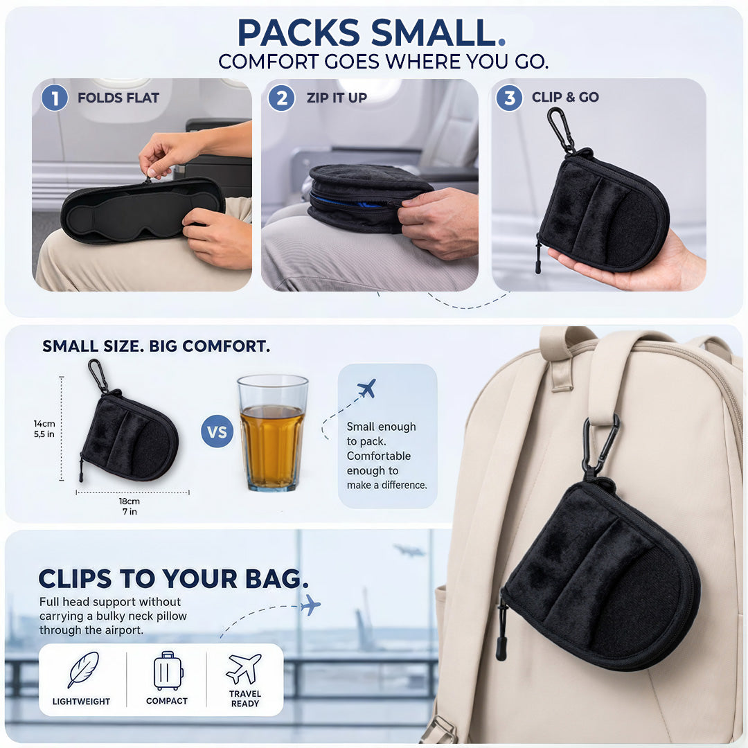 Travel sleep system features: folds flat, zips up, and clips to your bag for convenience and comfort on the go.