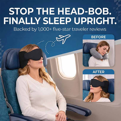 Travel sleep system for upright sleeping on flights, featuring before and after images and rated by travelers.