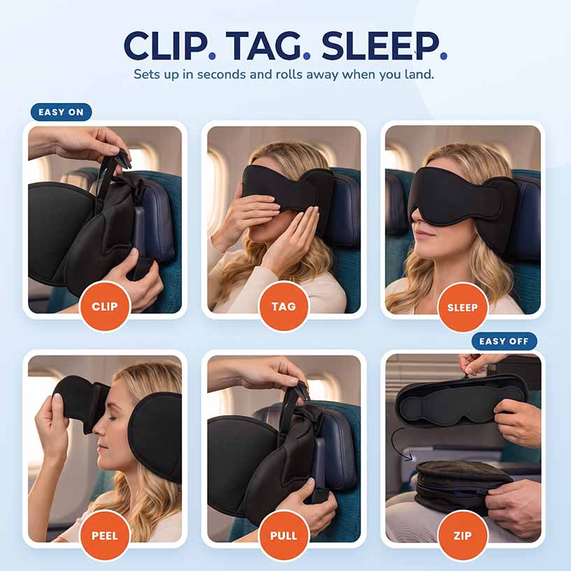 Travel sleep system showcasing easy steps: Clip, Tag, Sleep. Quick setup for comfortable travel rest.